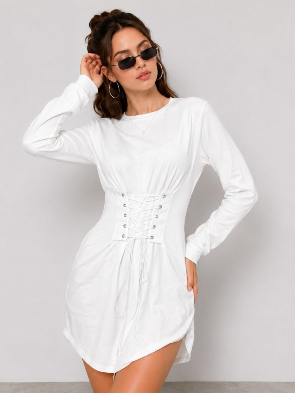 White Corset Mini Dress Lace Up Long Sleeve Pockets NWT